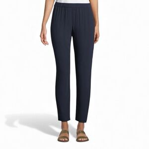 Eileen Fisher 100% Silk Navy Elastic Waist‎ Pants Tapered Straight Leg Medium